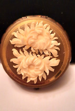AC048-Vintage Compact With Mirror, Carved Celluloid, Floral, 1930s picture