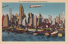 c1935 Lower Manhattan Skyline, Zeppelin, Air Planes, New York City, Linen picture