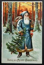 Postcard Vintage Christmas Blue Santa Claus Sack of Toys Tree 1910s picture