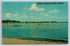 Hello Greetings from Mound Minnesota MN Vintage Postcard Lake View Bathers WORN picture