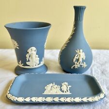 Vintage Lot Wedgwood Vases and Trinket Tray Blue Jasperware Made in England picture