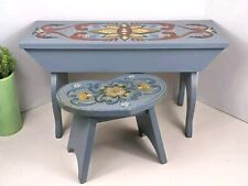 Vintage 1990's Scandinavian Rosemaling Painted Wooden Stool and Bench Signed picture