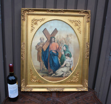 1950s French religious wall plaque with jesus christ carrying cross picture