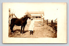 RPPC Young Woman with Horse at Small Farm House Real Photo Postcard picture