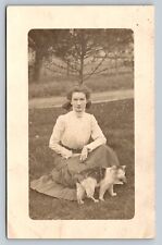 RPPC Lady In Blouse & Skirt Crouches by Cat AZO 1904-1918 ANTIQUE Postcard 1539 picture
