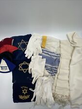 Vintage 3 Tallit 3 Velvet Bags Pouches 4 Kippahs  4 Gloves Judaica LOT picture