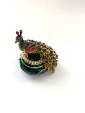 Vintage Peacock Trinket Box Enameled Bejeweled Green Jewelry Pill Box Rhinestone picture
