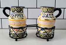Temptations Old World Confetti Salt And Pepper Shakers with Metal Holder EUC picture