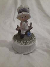 Vintage 1970s Victorian Girl With Cat Music Box Ceramic Porcelain Works picture