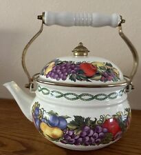 Vintage Enamel, Brass, Ceramic Handle Tea Kettle Cornucopia Fruit picture