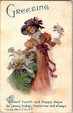  Greeting, Woman and Girl in 1800s Dress c1908 Vintage Postcard X30 picture