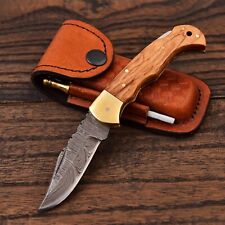 Custom Handmade Damascus Pocket Knife Folding Knife With Leather Sheath EDC picture