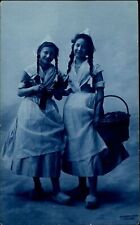 RPPC cyanotype Rotograph Dutch girls ethnic costume 1907 UDB real photo postcard picture