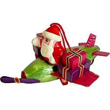 Santa Claus In Airplane Ornament Corn Husk Leaves Presents Prop Plane Vintage picture