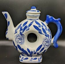 Vintage Blue White Round Donut Home Deco Kitchen Asian Chinese Teapot + Lid picture