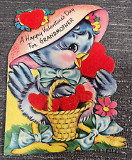 Gibson Vintage Valentine Greeting Card Flocked Bird Grandmother Basket Hearts picture