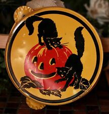 Kirchhof Halloween Tambourine Black Cats Pumpkin Tin Litho Noise Maker Vintage picture