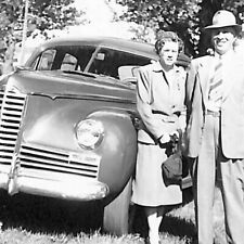 Original B&W Photo c1930's-40's Couple Pose w/ Automobile Near Trees picture