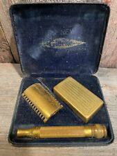 1920s Gillette Gold Tone 3-Piece Open Comb Razor with Original Box Pre-owned 🪒 picture