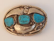 Vintage Navajo turquoise belt buckle nickel silver + some sterling signed NM picture