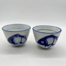 Vintage Pair Made In China White And Blue Fish Cups Porcelain  picture