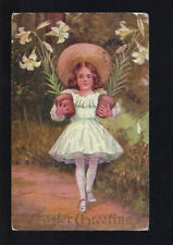 c.1909 Easter Greetings Girl Holding Pots Lillies Flowers J. Thomas Postcard picture