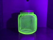 Vtg Green Vaseline Uranium Depression Glass Ribbed Cookie/Canister Jar w/Lid picture