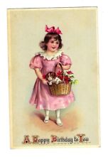 Early 1900's Tucks Birthday Postcard , Girl Holding a Basket & Dog Embossed picture