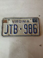 Vintage 1977 Virginia License Plate JTB986 picture
