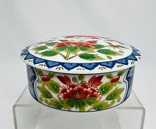 Vintage Imari  Porcelain Round Lidded Trinket Jewelry Box Red Flowers 4.75