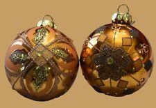 2 Gold Christmas Tree Embellished Bling Sparkle Glass Ornaments Hand Painted 4