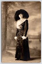  RPPC Lovely Lady w/String Picture Hat~Pinstripe Collar~Floral Bouquet~Studio PC picture