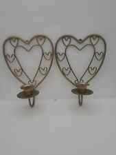 Vintage Pair Brass Heart Shaped Wall Sconce Candle Holder Decor Set picture