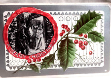 Embossed Xmas Post Card Posted Dec 23, 1908 Silver Metallic Red Green Antique picture