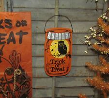 Prim Antique Vtg Style Spooky Trick or Treat Owl Spider Halloween Scary Jar Sign picture