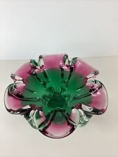 VTG Murano ? Green & Ruby Heavy Blown Glass Ruffled 6 Slot Ashtray/Bowl Footed picture