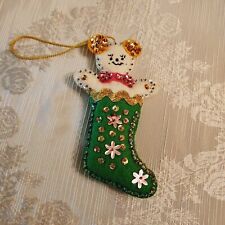 Vintage Bucilla Handmade Stitched Bear in Stocking Christmas Ornament Beautiful picture