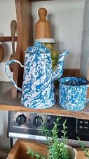 Vintage Lot 2 Old Blue White Swirl Spatterware Coffee Pot Enamelware & Cup Mug picture