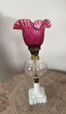 Hobbs Star Antique Oil Lamp Milk Glass Base Cranberry Victorian Fenton Shade picture