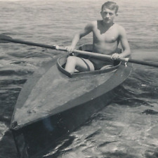 170 Shirtless Man in Kayak Guy Rowing Boat Male Portrait Beach vintage old photo picture