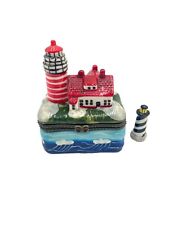 Vintage PHB Porcelain Hinged Lighthouse Box with Lighthouse Trinket Figurine picture