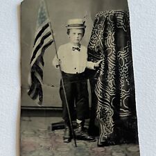 Antique Tintype Photograph Adorable Little Boy American Flag Tinted Photo Stand picture