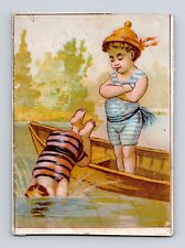 Victorian Trade Card Children In Small Boat Series Striped Bathing Suits picture