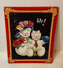 VTG Embossed Christmas Card Adorable Snowman Couple Hat w/ Feathers Poinsettias picture