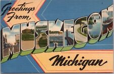 1940s MUSKEGON, Michigan Large Letter Postcard Multi-View Tichnor Linen - Unused picture