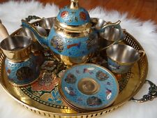 Vintage Enamel Hand Painted Etched Brass Tea Set- Blue- NEW picture