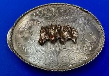 Beautiful 3  horse heads  vintage Justing Brand Hand engraved ornate belt buckle picture