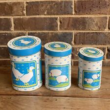 3 Vintage Country Kitchen Nesting Tin Canisters Blue White Duck Lamb Pig Kitsch picture