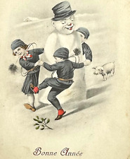 1913 Happy New Year FRENCH Postcard Play Ring Around the Rosie Snowman & Piglet picture