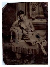 Annoyed Pretty Young Lady Hand Fan Striped Stockings Fringe 1/6 Plate Tintype A3 picture